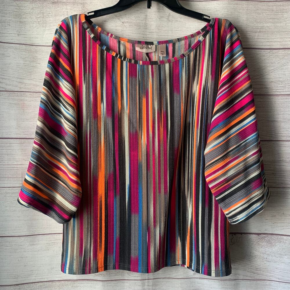 Willow & Root Multi-Color Watercolor Striped Blouse Boat Neck Dolman Sleeves M